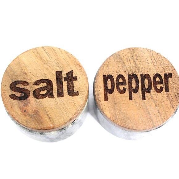 Marble Black & White Salt & Pepper Bowls Salt Cellar Set Natural Wood Covers - Picture 2 of 5
